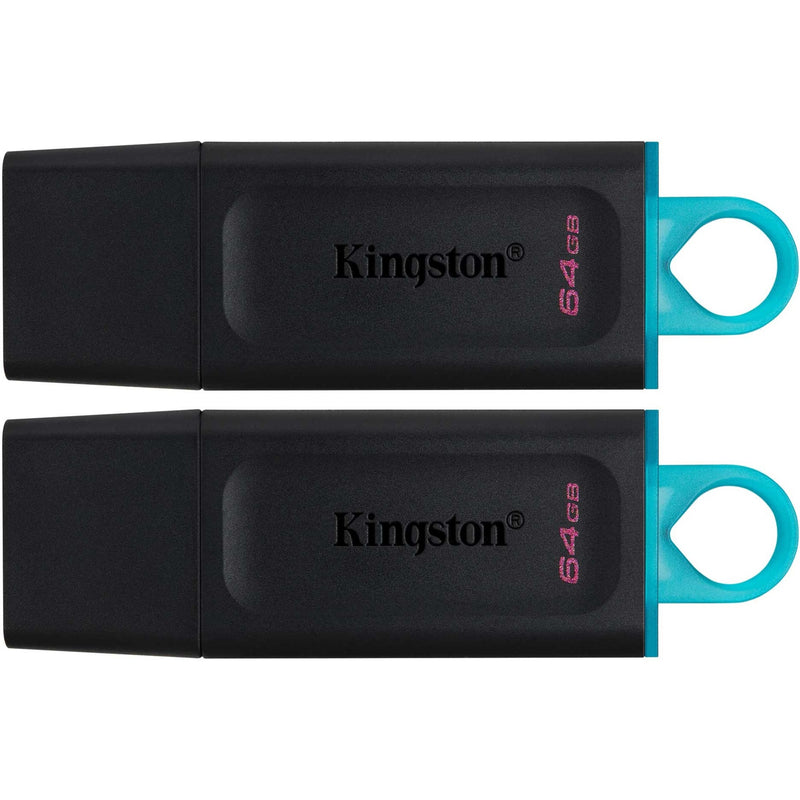 Two Kingston DataTraveler Exodia 64GB USB flash drives in black with teal keyring loops