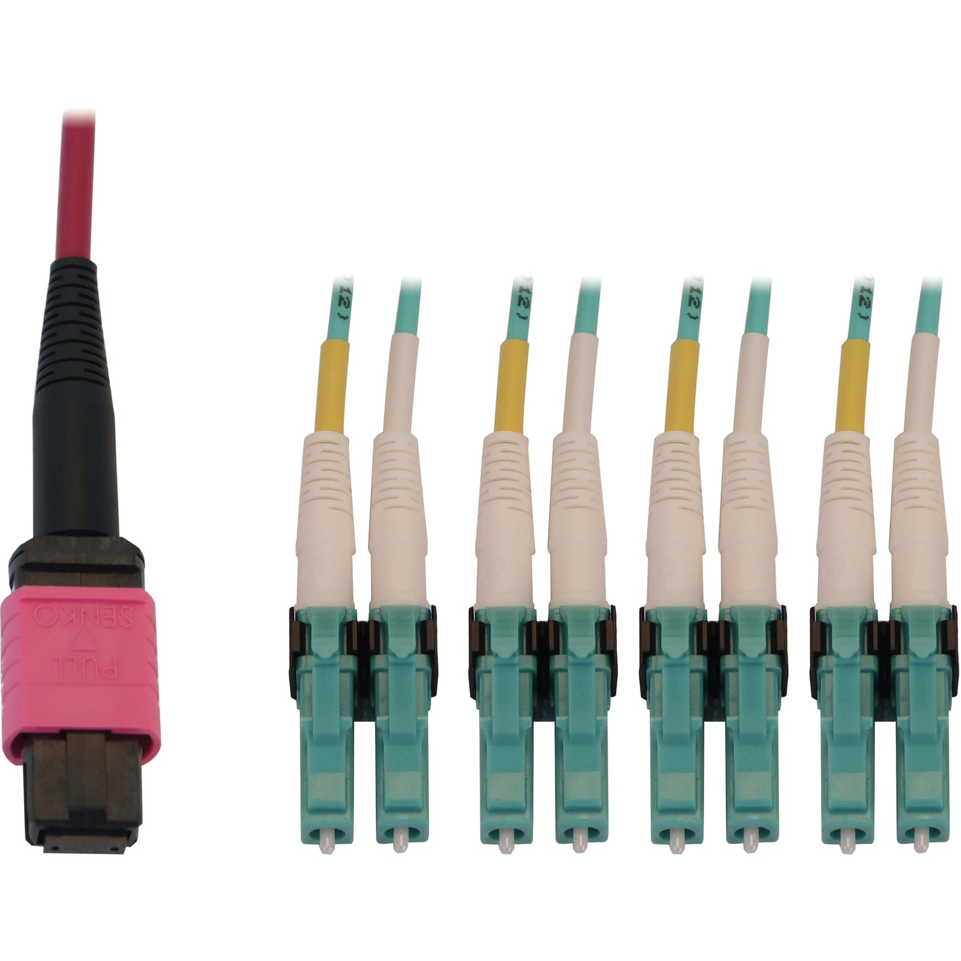 MTP to 8x LC fiber optic breakout cable connectors showing magenta trunk and aqua LC connectors-alternate-image1