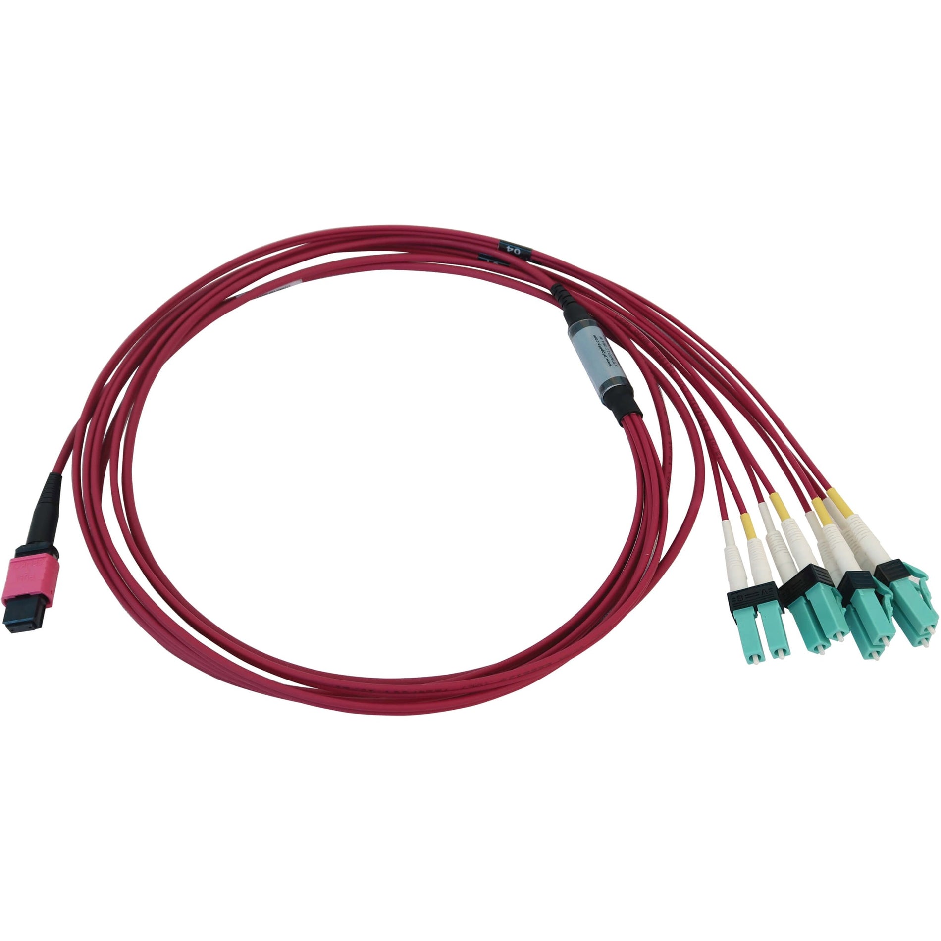 Full length view of magenta fiber optic trunk cable with MTP and LC connectors-alternate-image2