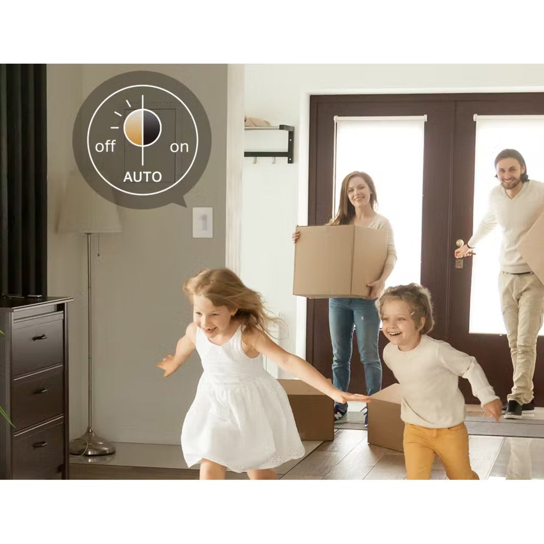 Family in living room with auto mode lighting demonstration and control interface-alternate-image4