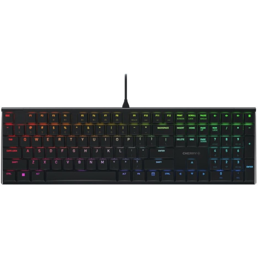 Top view of CHERRY MX 10.0N RGB mechanical keyboard showing rainbow RGB backlighting gradient across black keycaps-alternate-image1