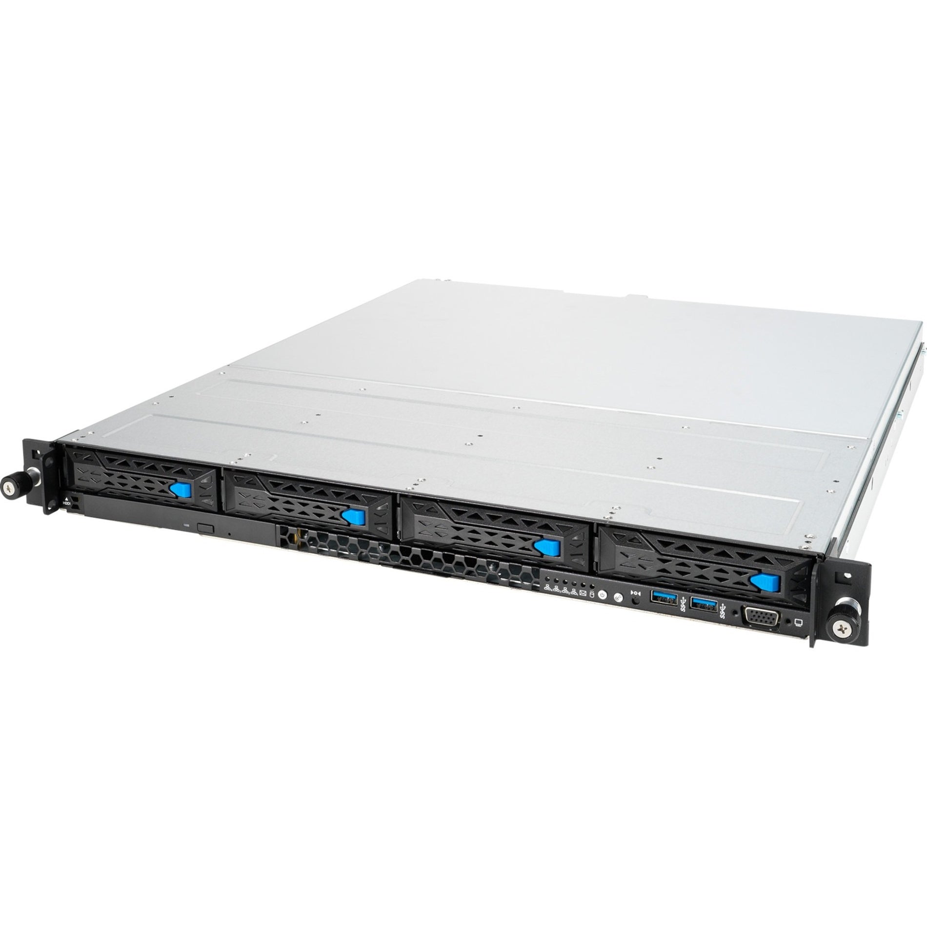 Front view of ASUS RS300-E11 1U rack server showing four hot-swap drive bays and status indicators-alternate-image1