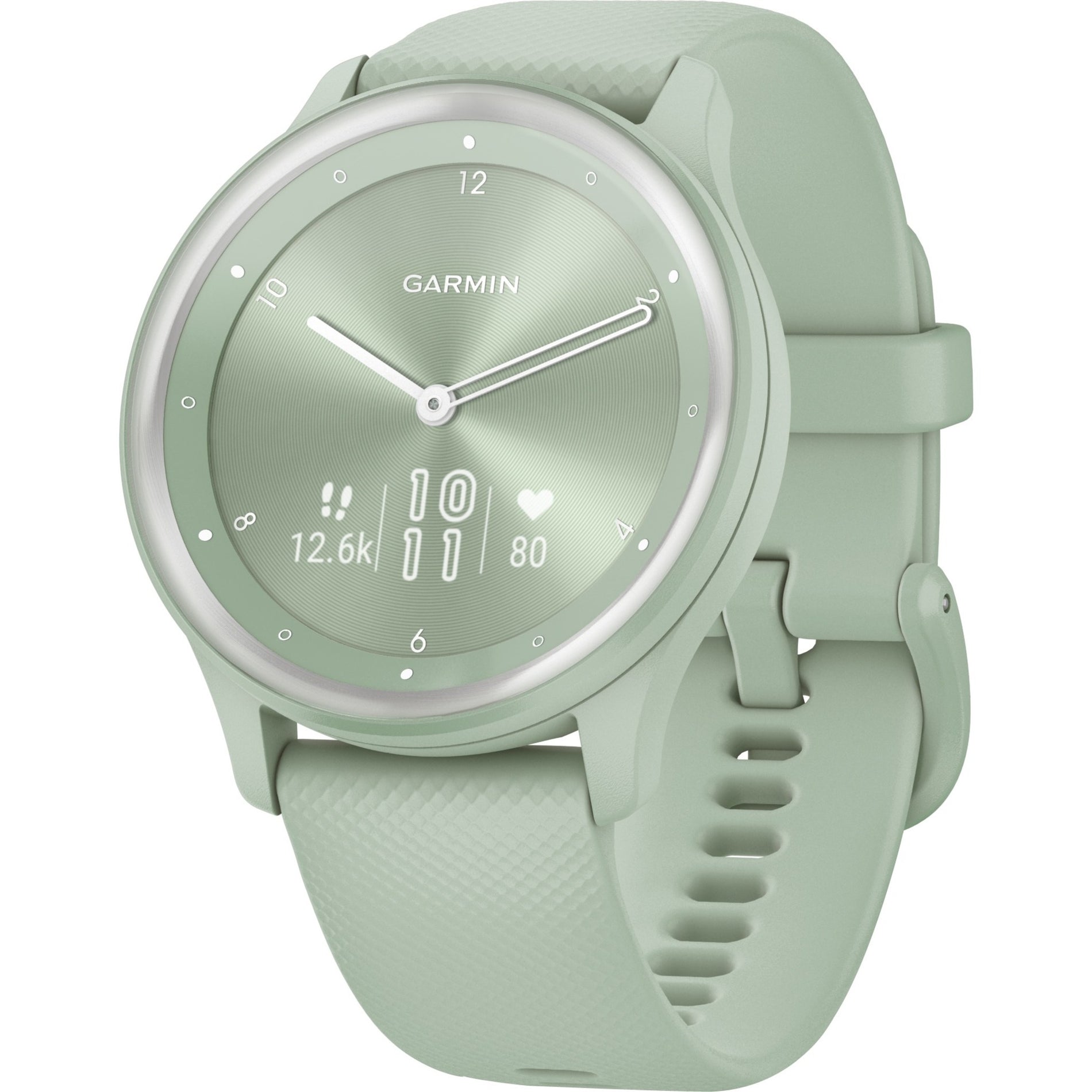 Garmin vívomove Sport smartwatch in cool mint color showing analog watch face with digital display-alternate-image1