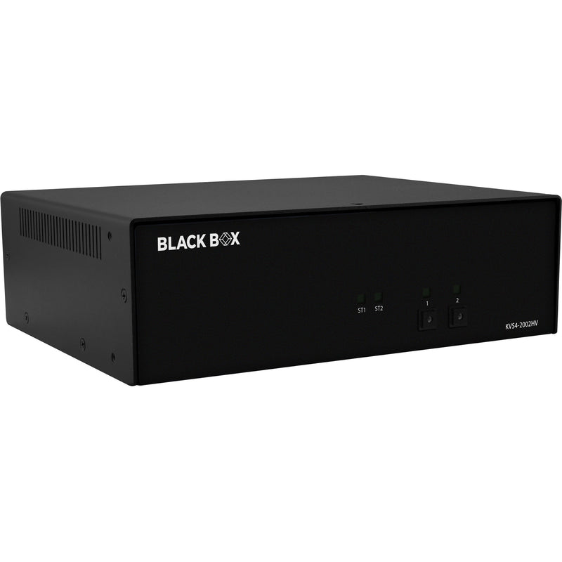 Angled view of Black Box KVS4-2002HV Secure KVM Switch showing compact form factor