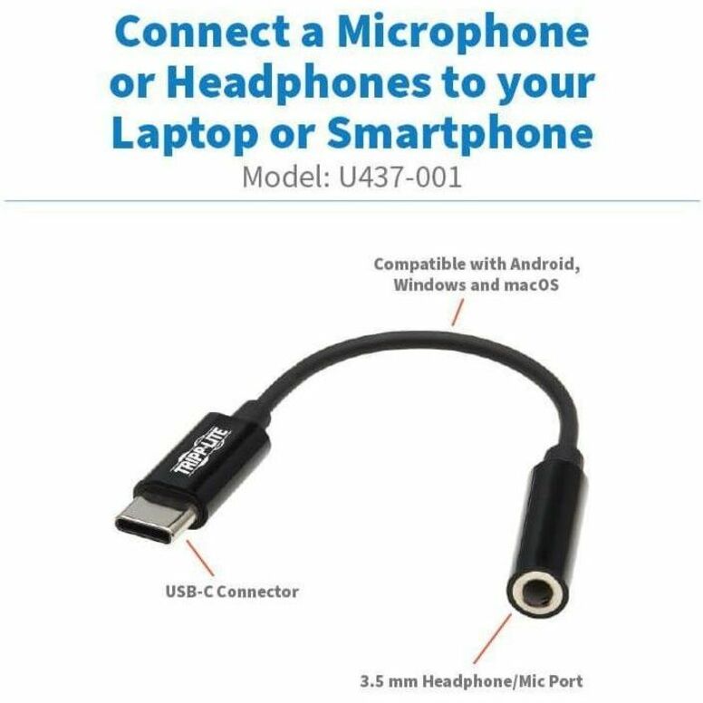 Tripp Lite U437-001 USB-C to 3.5 mm Headphone Jack Adapter, Plug & Play, 7.92" Cable, Black