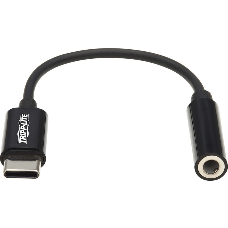 Close-up view of Tripp Lite USB-C to 3.5mm adapter showing curved cable design