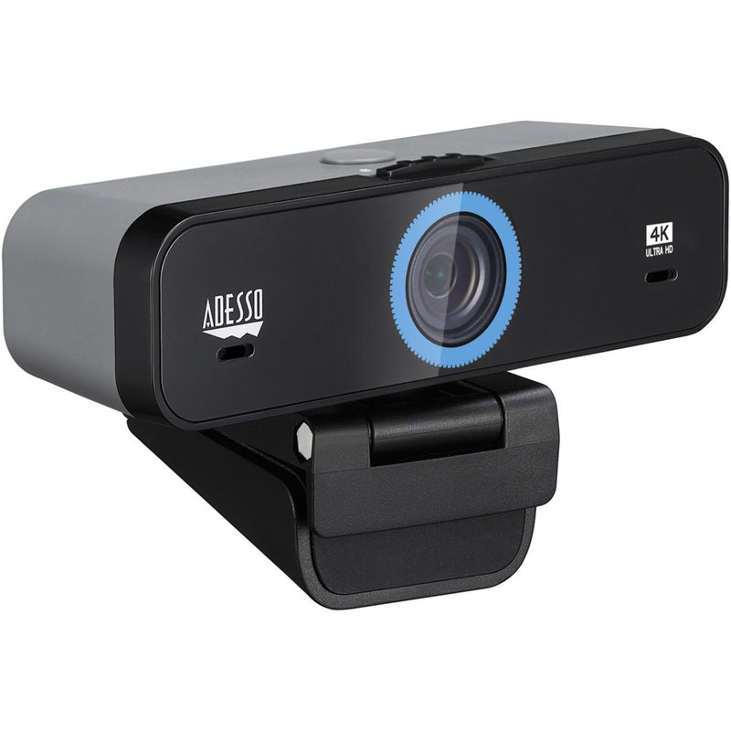 Side view of Adesso CyberTrack K4 4K webcam showing sleek black design with blue accent ring around lens