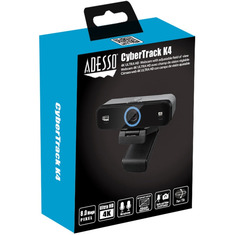 Retail packaging of Adesso CyberTrack K4 webcam showing product features and specifications