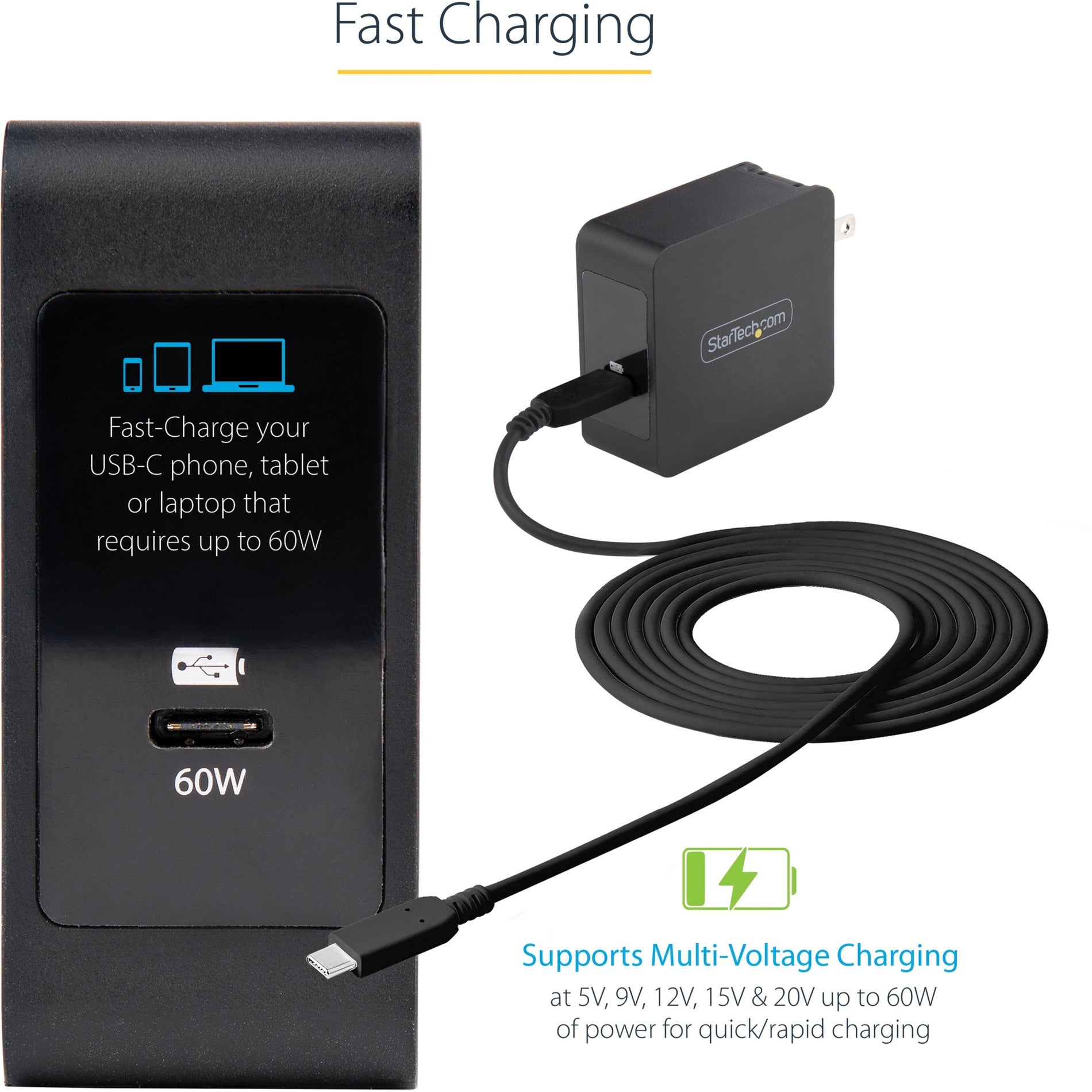 StarTech.com WCH1CBK Power Adapter, 60W USB-C Charger for MacBook, Lenovo X1 Carbon, Dell XPS 13, and More