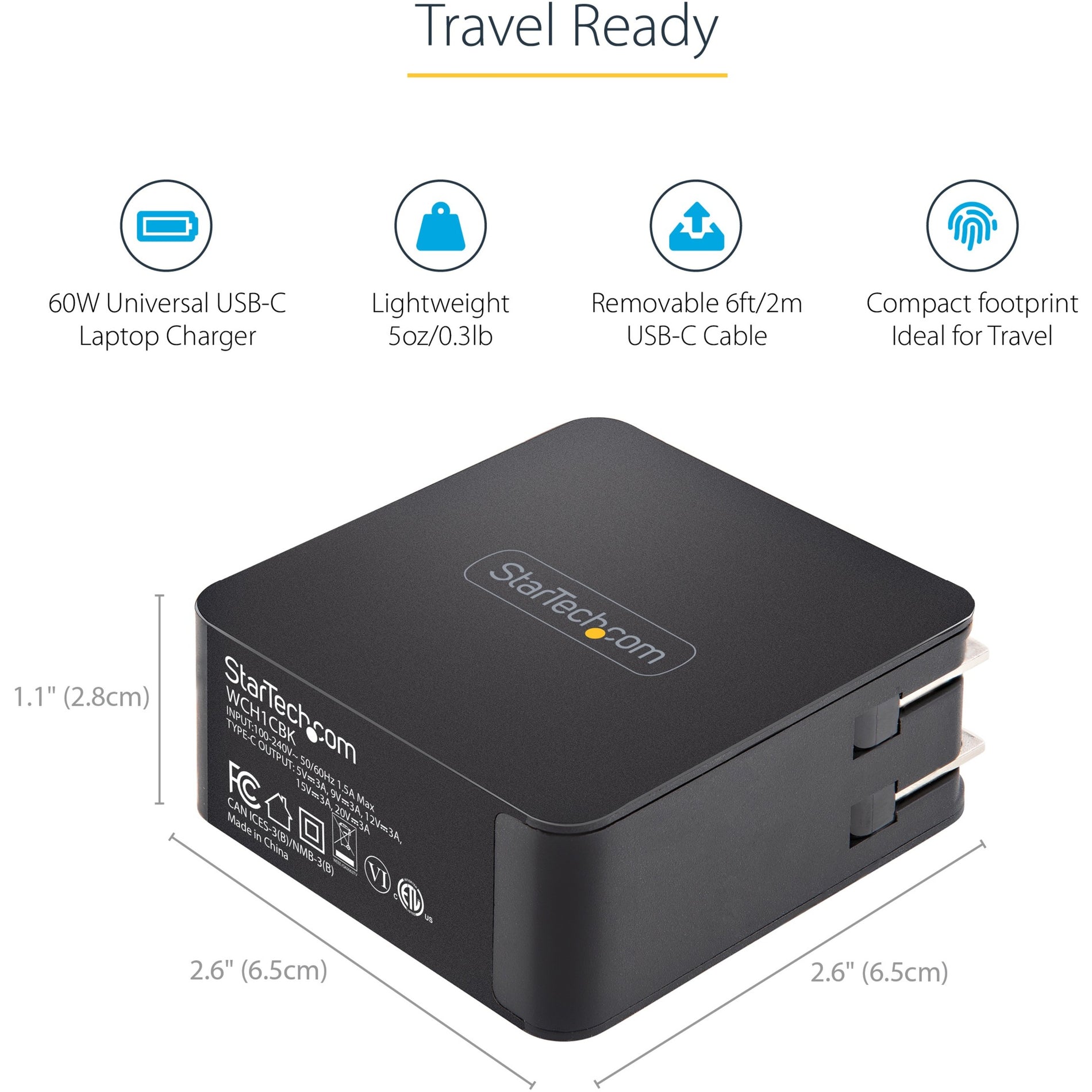 StarTech.com WCH1CBK Power Adapter, 60W USB-C Charger for MacBook, Lenovo X1 Carbon, Dell XPS 13, and More