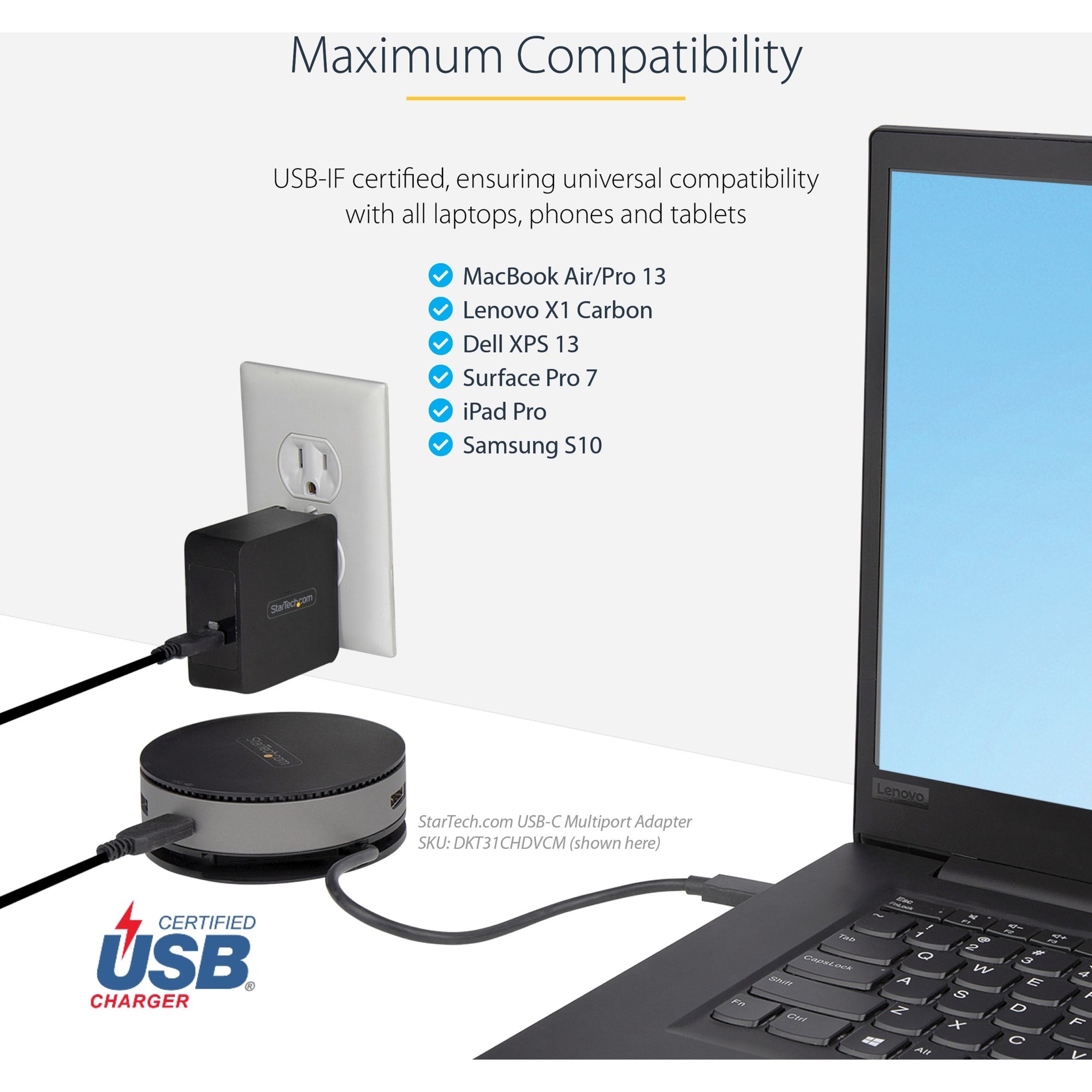 StarTech.com WCH1CBK Power Adapter, 60W USB-C Charger for MacBook, Lenovo X1 Carbon, Dell XPS 13, and More