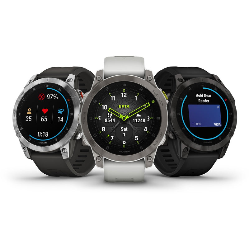 Multiple Garmin epix Gen 2 watches showing different functions and displays