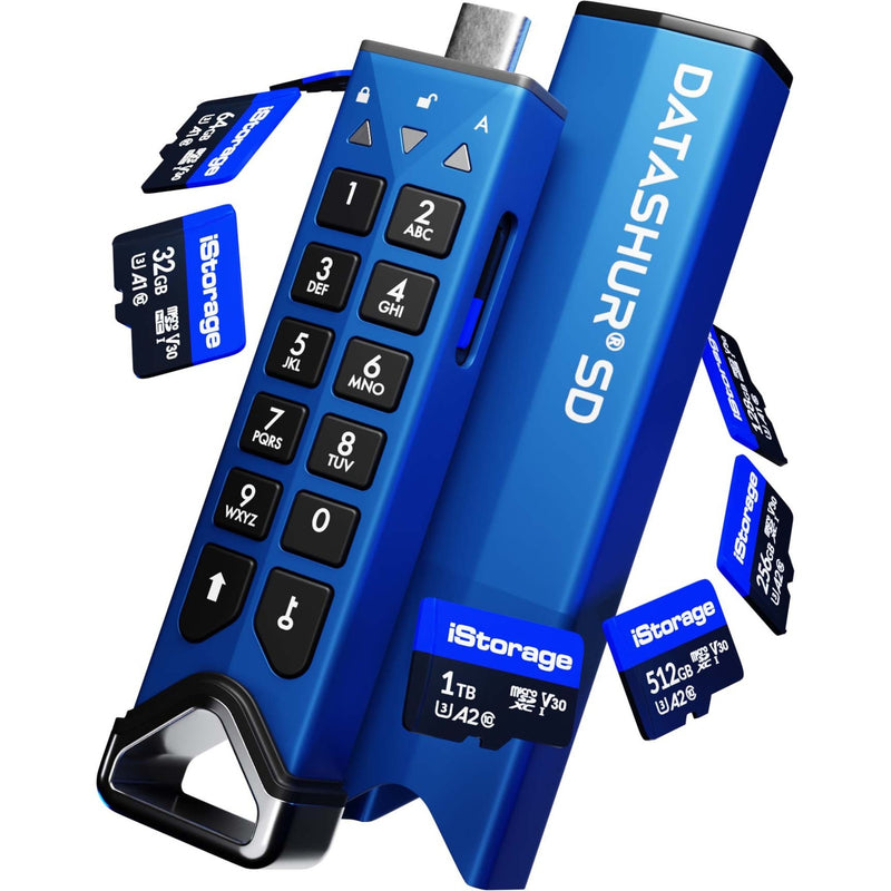 Blue datAshur SD encrypted drive with PIN pad interface and multiple iStorage microSD cards