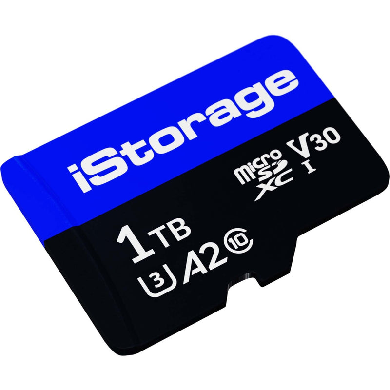 iStorage 1TB microSDXC card featuring blue and black design with V30 and U3 A2 specifications