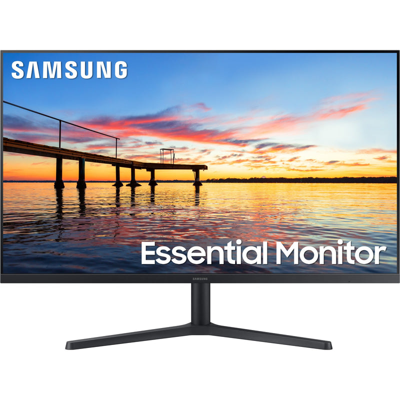 Samsung display stand supporting a 31.5-inch monitor showing vibrant sunset scene, featuring Y-shaped base and tilt functionality