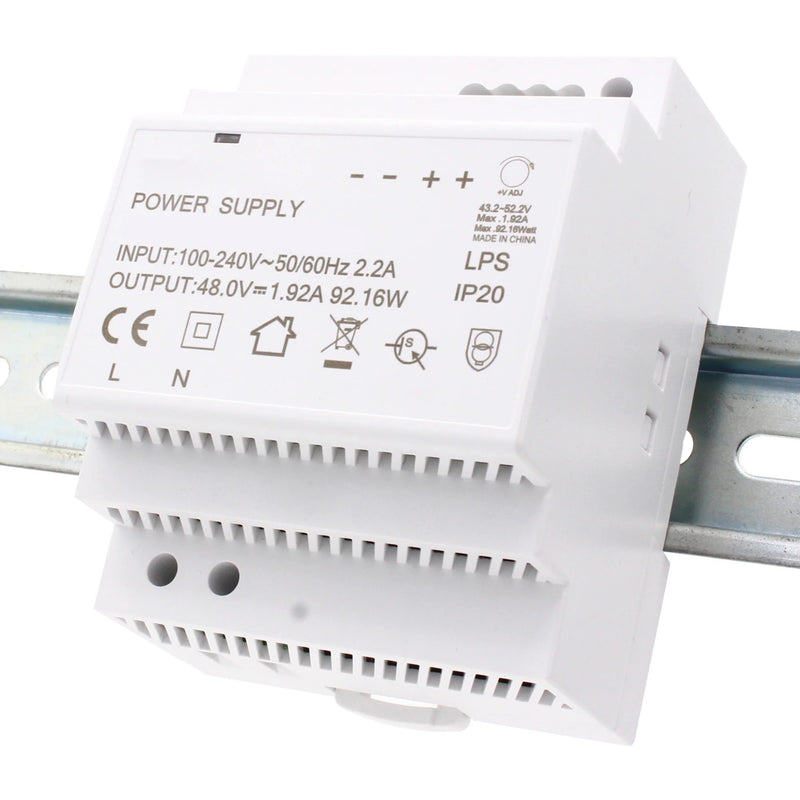 Front view of Brainboxes PW-301 power supply showing technical specifications and certification markings mounted on DIN rail