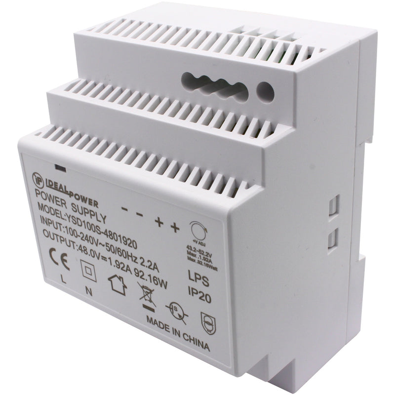 Angled view of PW-301 power supply showing stepped design with cooling vents and DIN rail mounting system