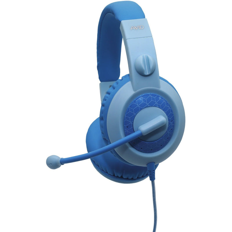 AVID AE-25 blue educational headset with boom microphone and padded ear cups, side view