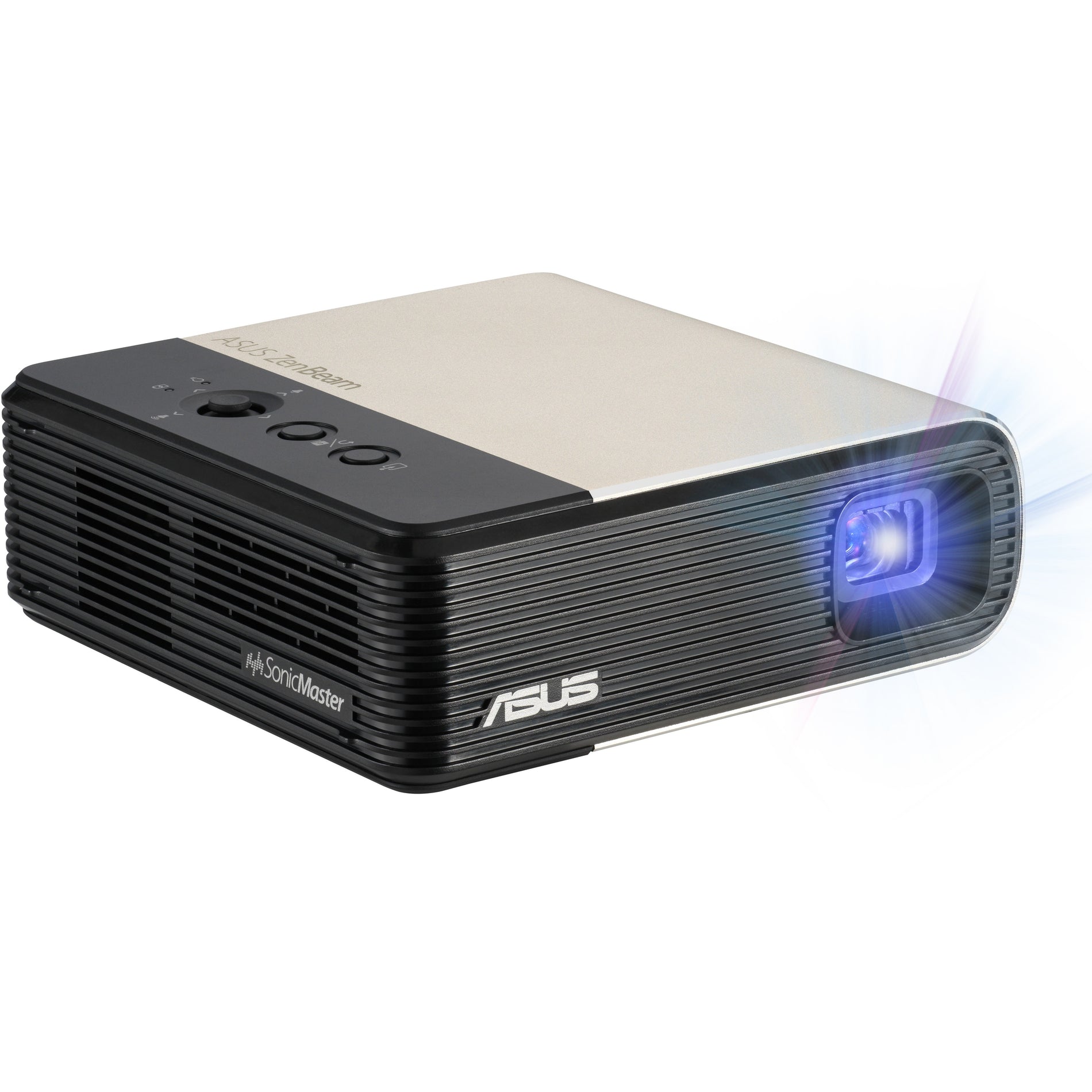 ASUS ZenBeam E2 portable projector showing bright LED projection lens and two-tone silver/black design-alternate-image1