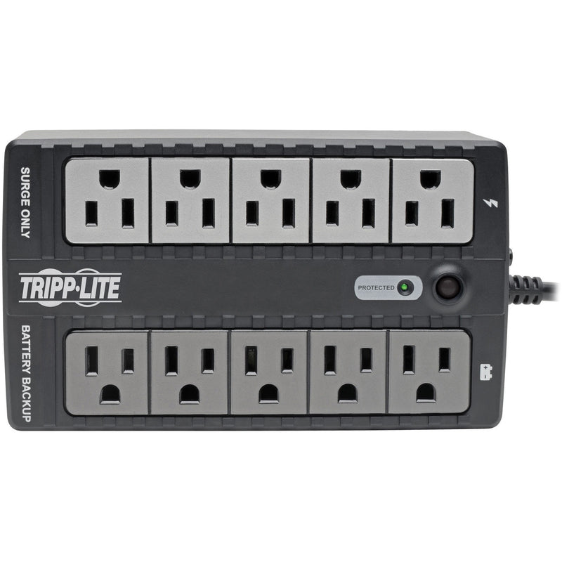 Top view of Tripp Lite INTERNET550U showing detailed outlet arrangement with protection indicator light