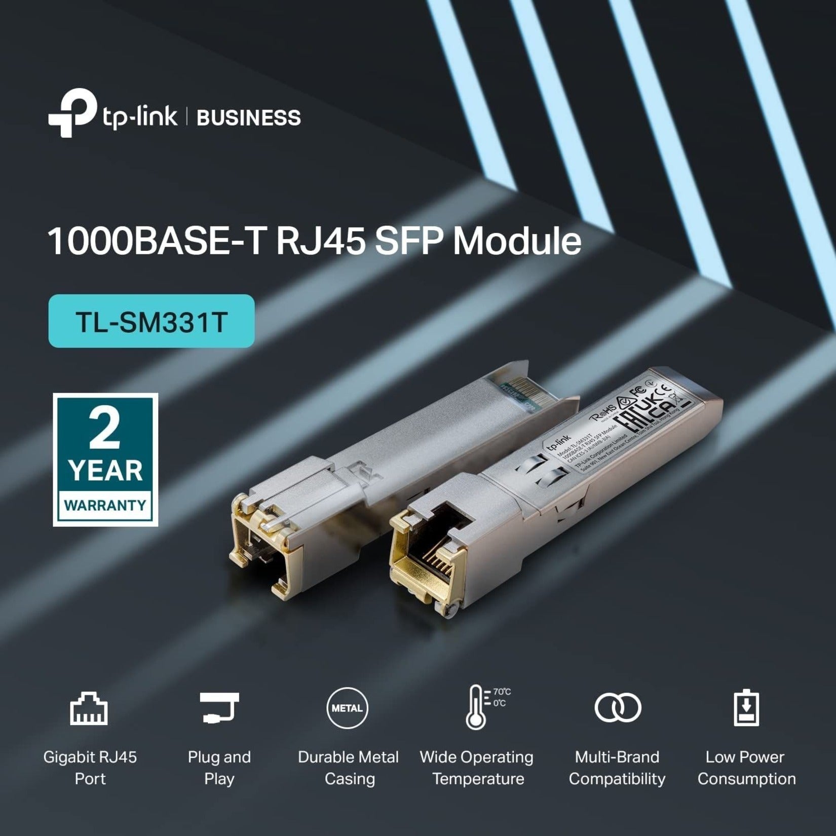 TP-Link TL-SM331T 1000Base-T RJ45 SFP Module, Gigabit Ethernet, Hot-pluggable, Hot-swappable