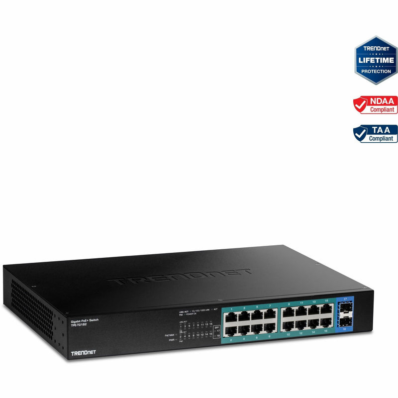 Front view of TRENDnet TPE-TG182 18-port Gigabit PoE+ switch showing 16 PoE+ ports and 2 SFP slots with LED indicators