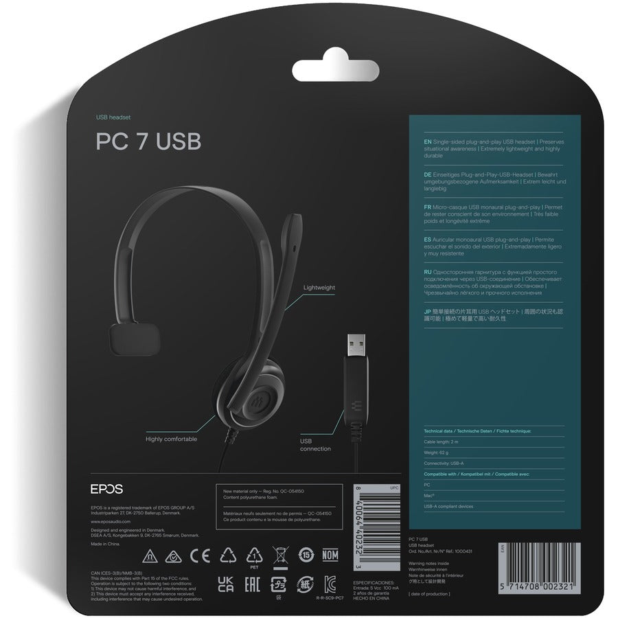 Cuffie USB EPOS 1000431 PC 7 Mono Audio Microfono con Cancellazione del Rumore Plug and Play