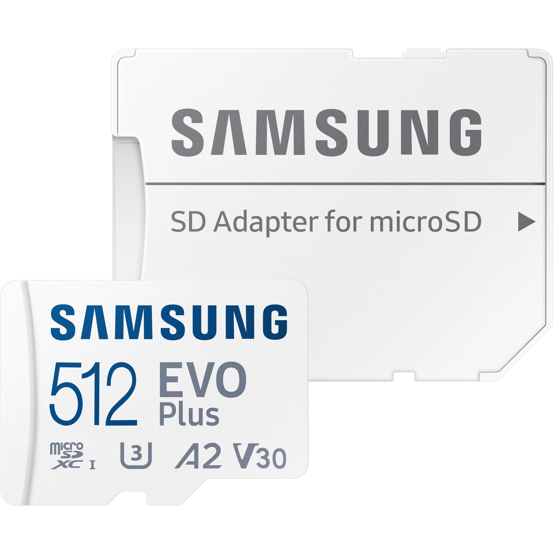 Samsung EVO Plus 512GB microSDXC card with SD adapter showing speed class ratings U3, A2, and V30-alternate-image1