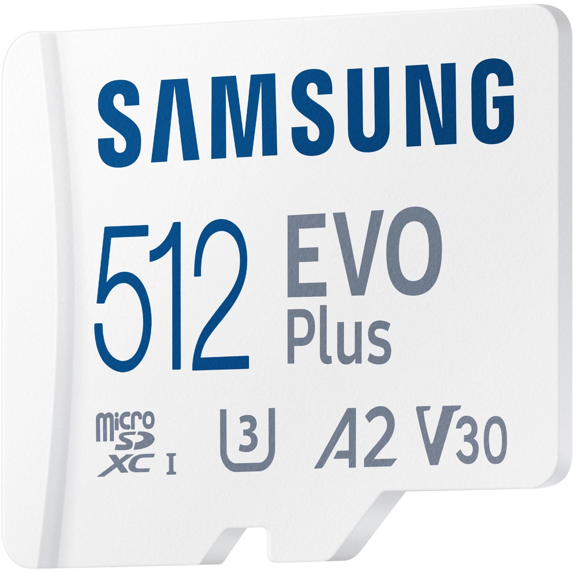 Dynamic angle view of Samsung EVO Plus microSD card emphasizing capacity and speed ratings-alternate-image4