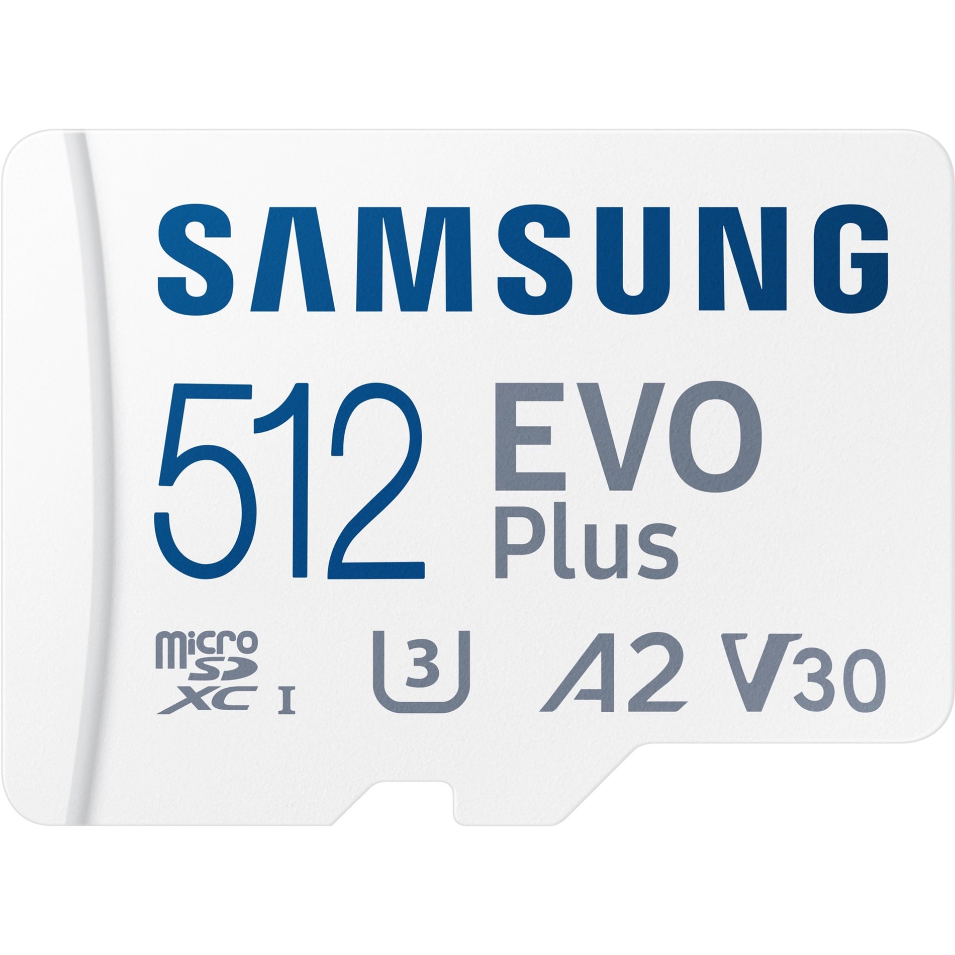 Angled view of Samsung EVO Plus 512GB microSD card showing detailed specifications-alternate-image3