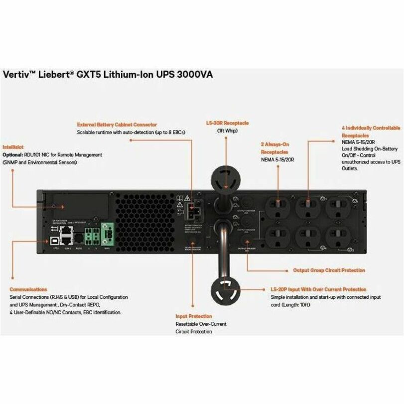 Liebert GXT5 GXT5LI-3000LVRT2UXL 3000VA Rack/Tower UPS 120VAC 2U - Pure Sine Wave Hot Swappable Lithium-Ion Battery  Liebert GXT5 GXT5LI-3000LVRT2UXL 3000VA Rack/Tower UPS 120VAC 2U - Onda Sinusoidale Pura Hot Swappable Batteria al Litio