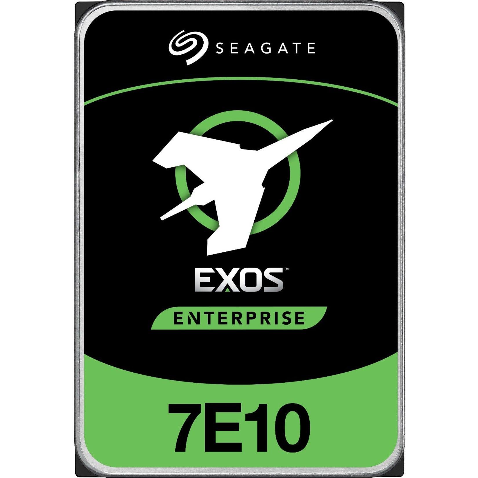 Front view of Seagate Exos 7E10 enterprise hard drive featuring black and green design with white Exos logo-alternate-image1