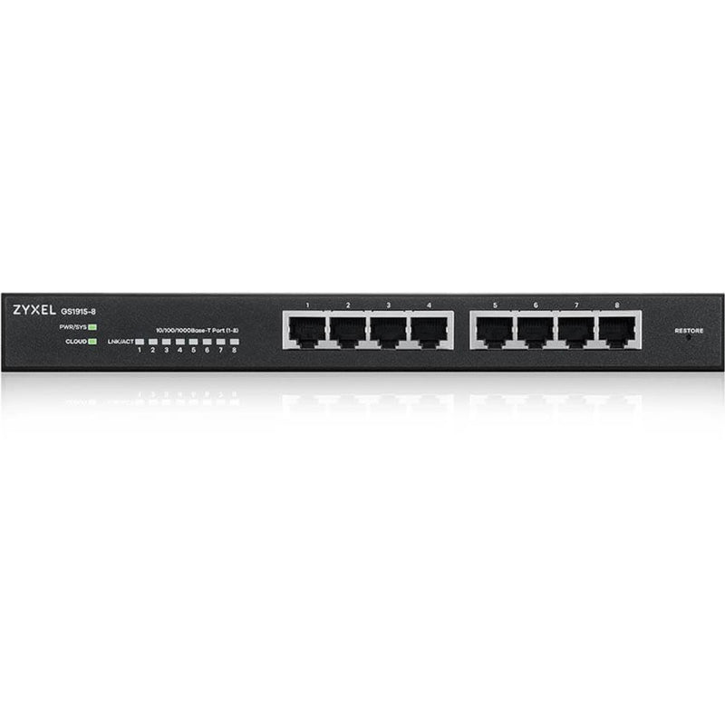 Front view of ZYXEL GS1915-8 8-port Gigabit smart managed switch showing LED indicators and network ports