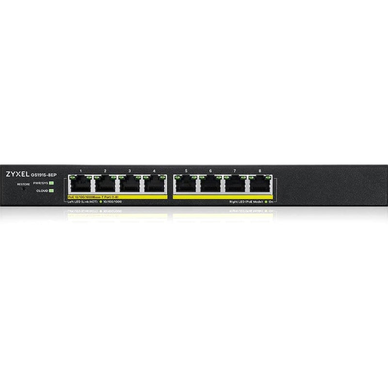 Front view of ZYXEL GS1915-8EP switch showing 8 Gigabit Ethernet PoE ports with status LEDs