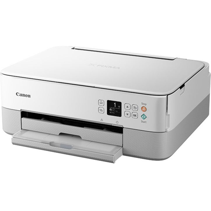 Canon PIXMA TS6420a wireless all-in-one printer in white, showing front angle view with paper tray-alternate-image1