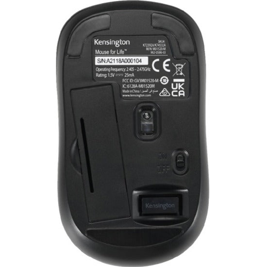 Bottom view of Kensington wireless mouse showing battery compartment and product information