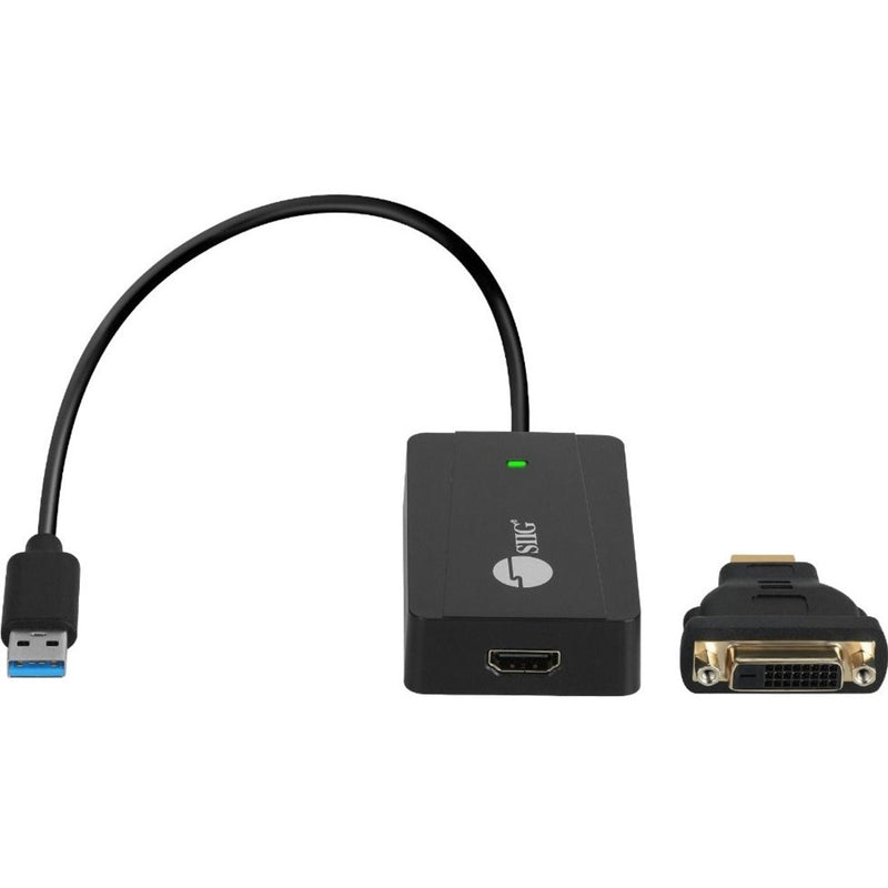 SIIG adapter components laid out showing USB, main unit, and DVI adapter