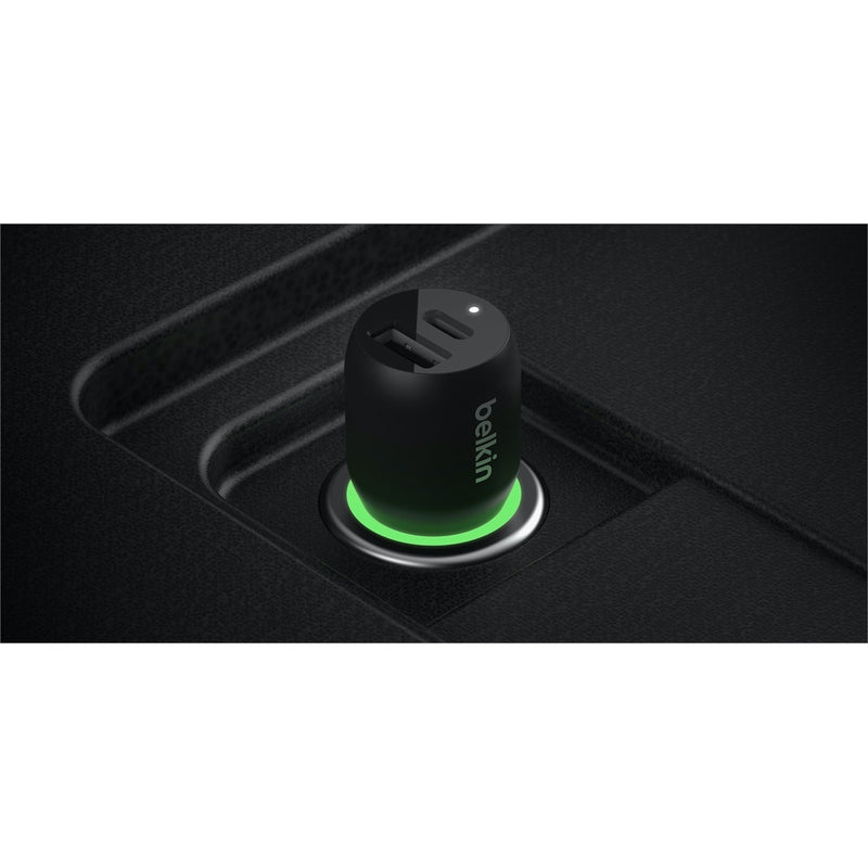 Belkin car charger with illuminated green LED ring indicator