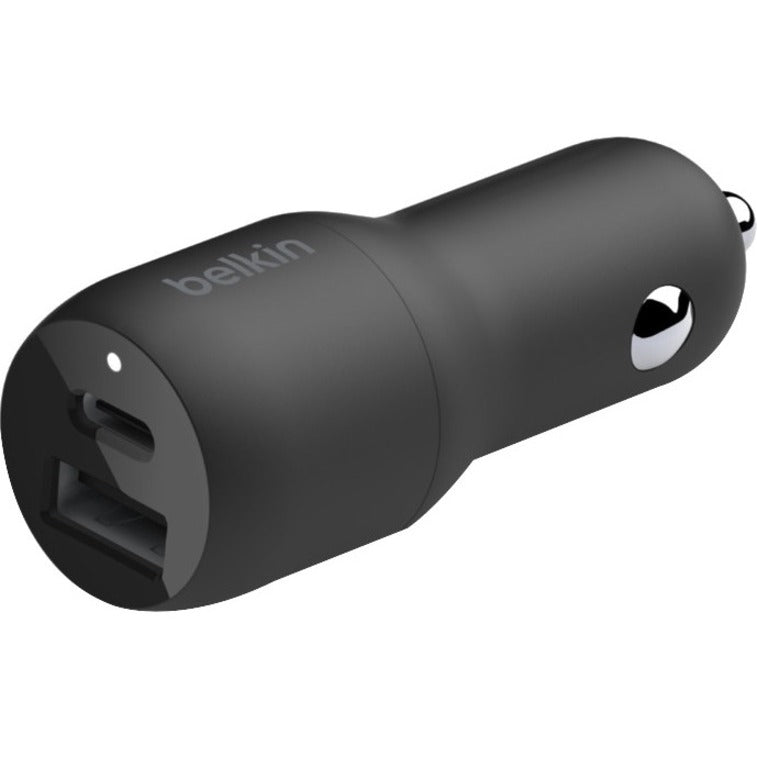 Angled view of Belkin car charger showing port accessibility