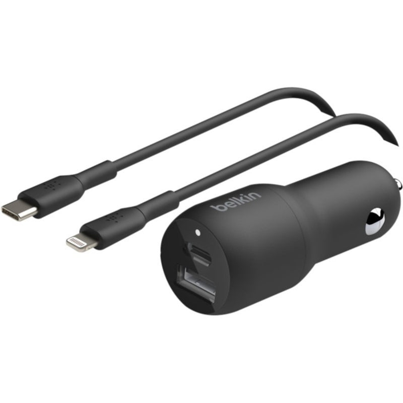 Belkin car charger with USB-C and Lightning cables shown against white background