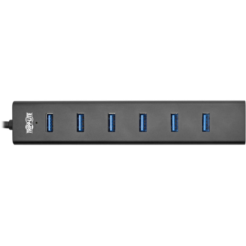 Top view of USB hub showing all seven USB 3.2 ports in linear arrangement