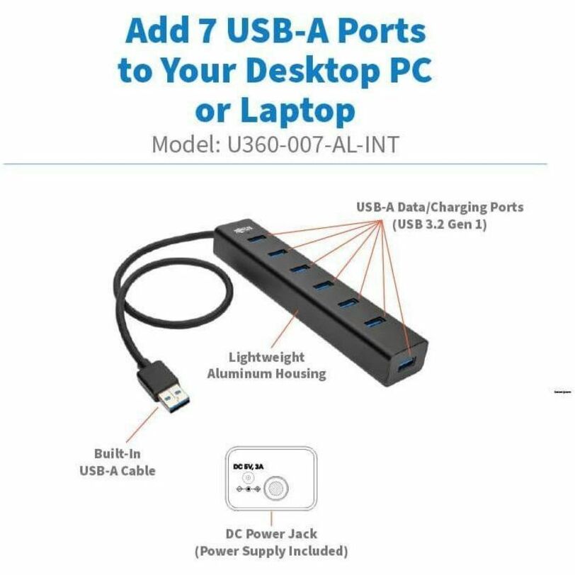 Tripp لايت محور USB-A بوابة مصغرة بـ 7 منافذ USB 3.2 جهاز USB قابل للحمل مع 7 منافذ  سبيد العليا