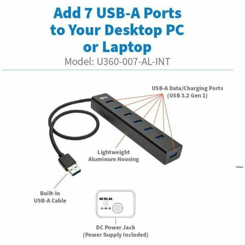 Diagram showing USB hub features including built-in cable, aluminum housing, and power connection