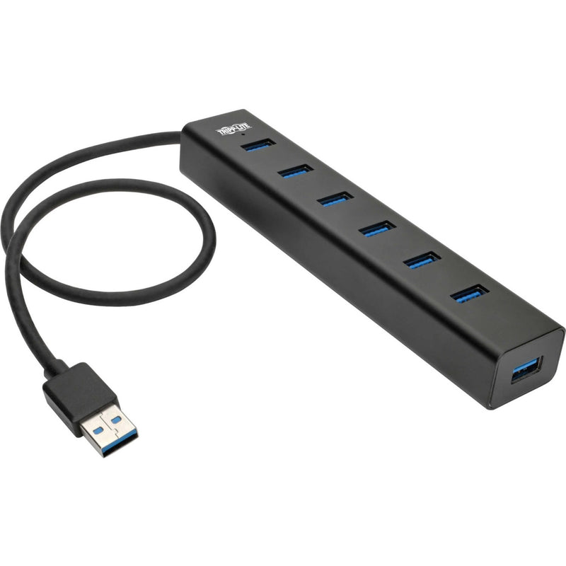 Black 7-port USB 3.2 hub with built-in cable showing multiple USB-A ports with blue connectors