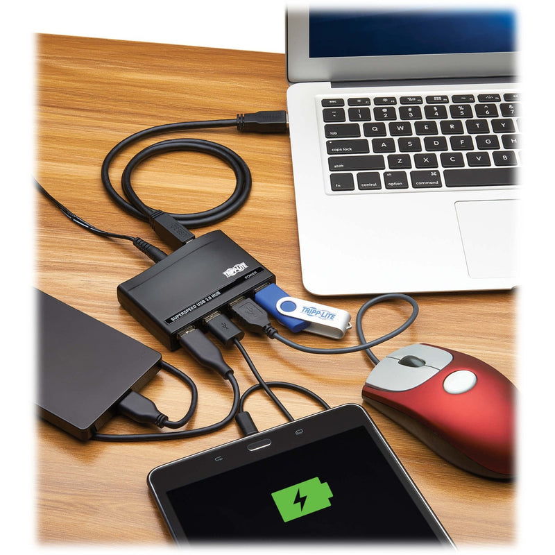 USB hub connected to multiple devices including laptop, smartphone, and peripherals