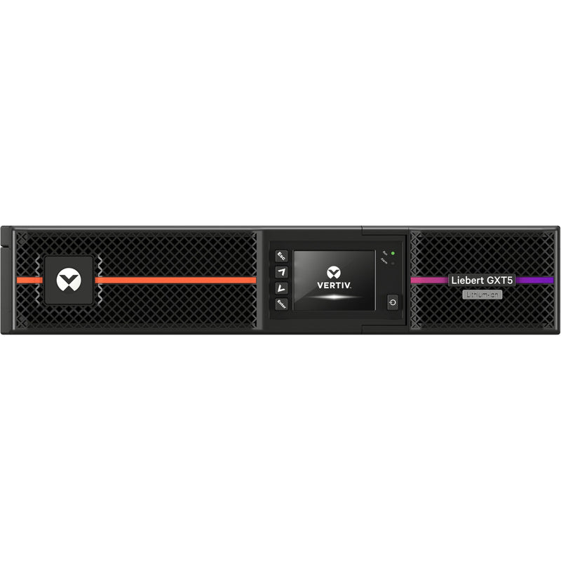 Front view of Liebert GXT5 UPS showing LCD display panel and ventilated front design