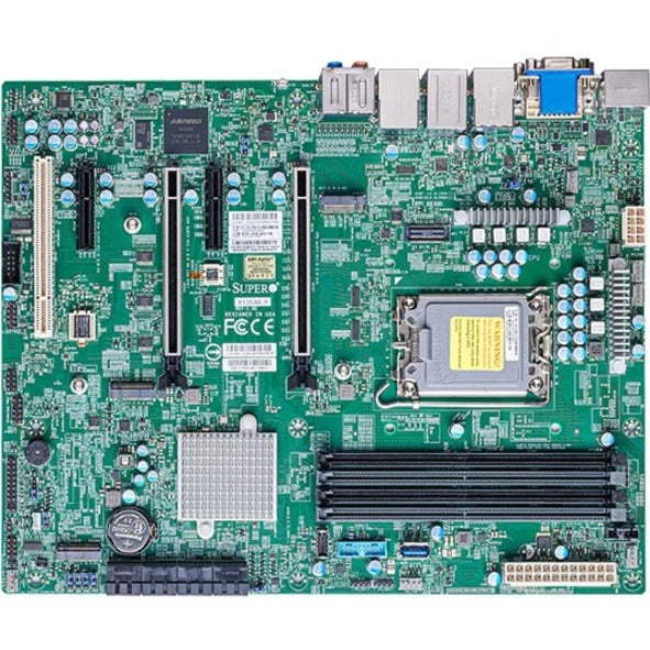 Overhead view of Supermicro X13SAE-F motherboard showing Intel LGA 1700 socket, DDR5 DIMM slots, PCIe expansion slots, and comprehensive I/O connectivity