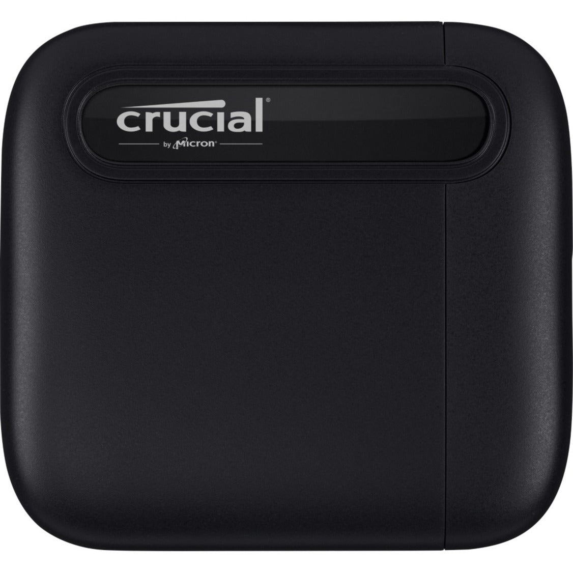 Top view of the black Crucial X6 Portable SSD showing sleek design and branding-alternate-image1