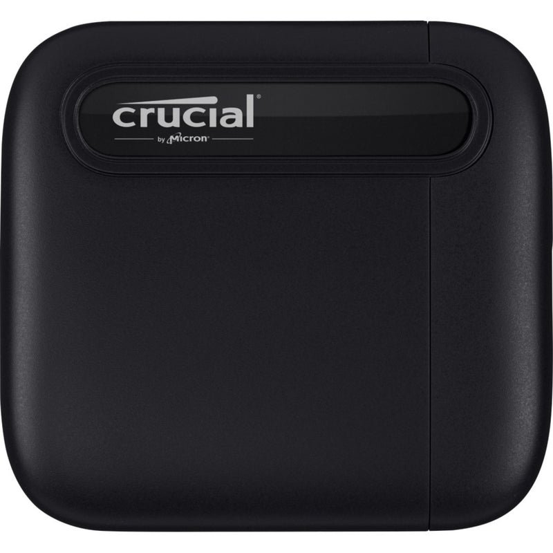 Top view of the black Crucial X6 Portable SSD showing sleek design and branding