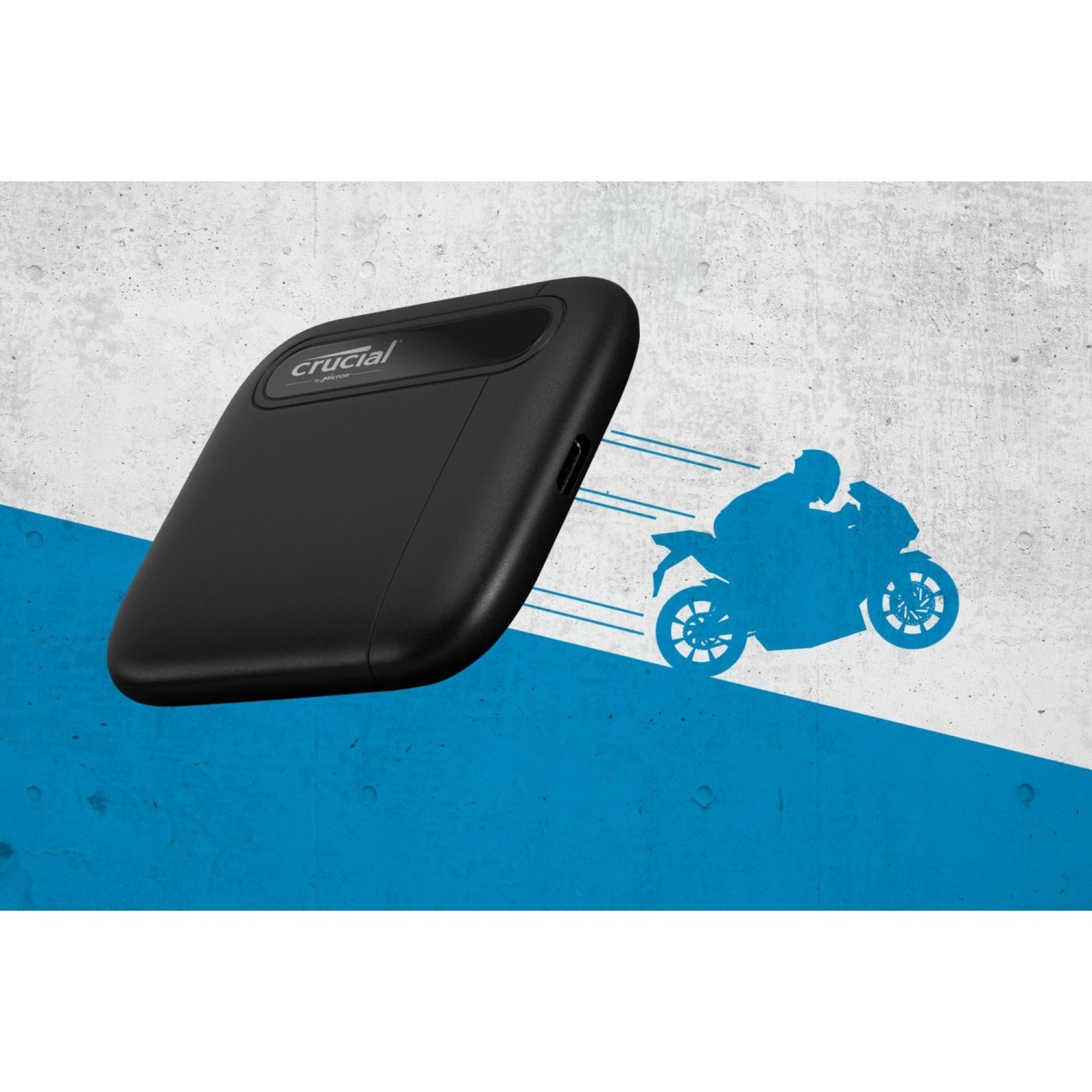 Crucial X6 SSD with motorcycle graphic illustrating high-speed performance-alternate-image3